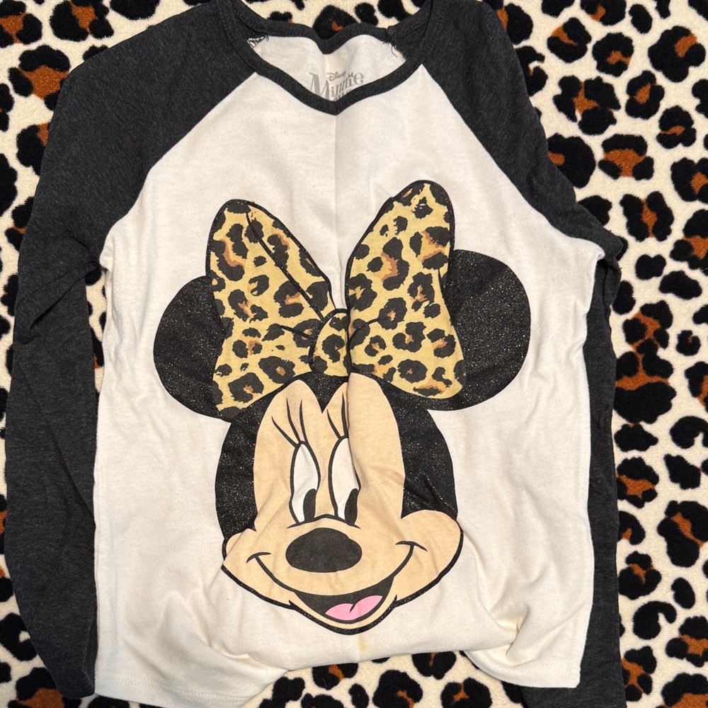 Disney Minnie Mouse Kids Long Sleeve Shirt - Black and White with Leopard Print